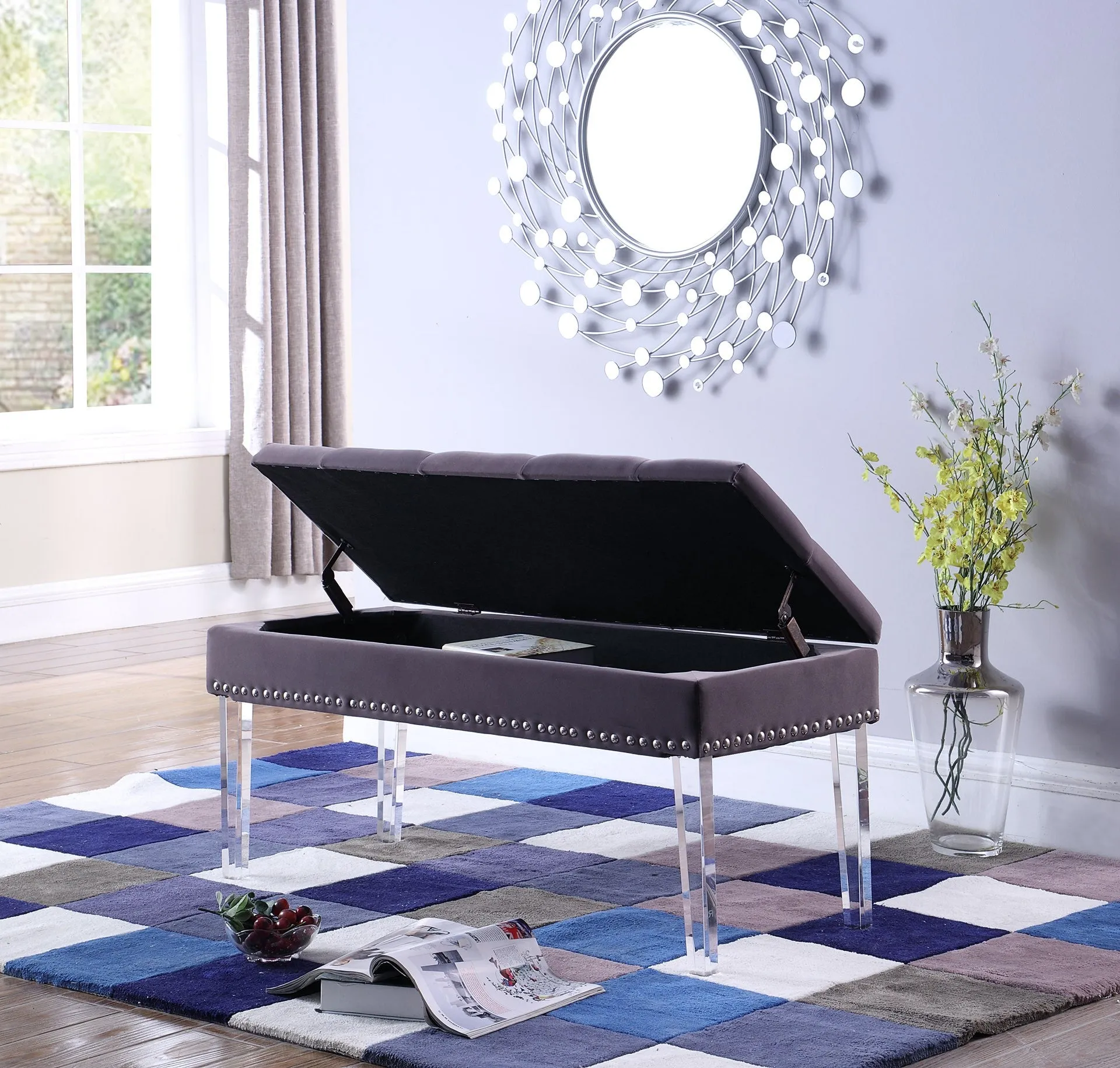 17" Clear And Gray Upholstered Velvet Entryway Bench With Flip Top By Homeroots