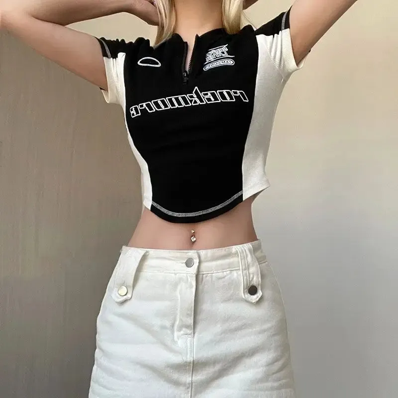 2024 Harajuku American Zipper Slim Navel Crop Top