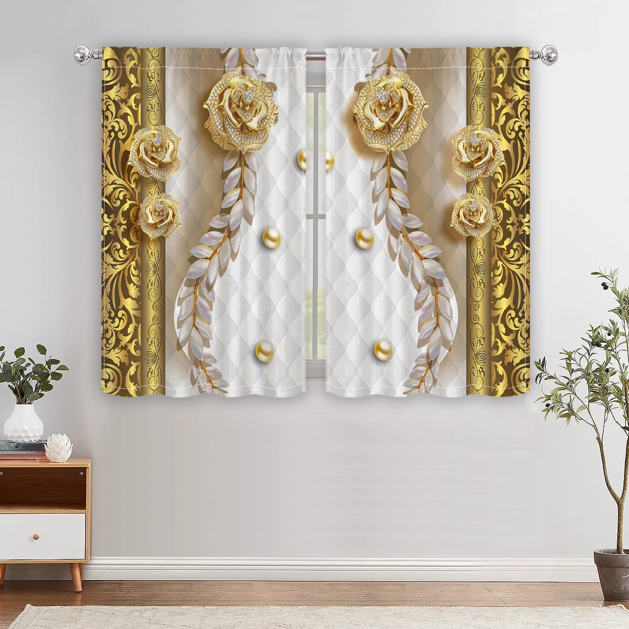 2pcs Modern European Style 3D Curtain Three-dimensional Golden Flower Semi Blackout Curtain For Bedroom Living Room Window Kitchen Office Home Decoration