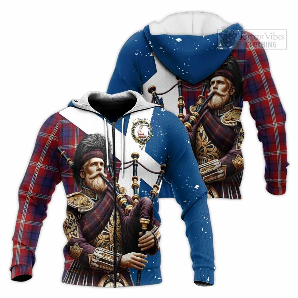 Ainslie Tartan Knitted Hoodie with Family Crest Scottish Bagpiper Vibes