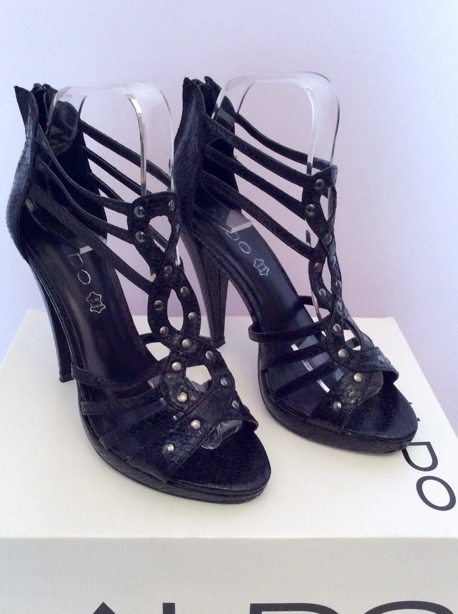 Aldo Black Snakeskin Leather Studded Heel Sandals Size 4/37