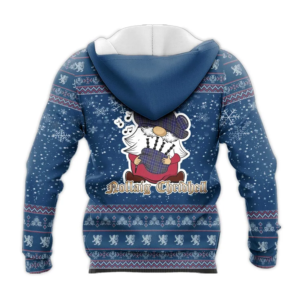 Alexander of Menstry Clan Christmas Knitted Hoodie with Funny Gnome Playing Bagpipes