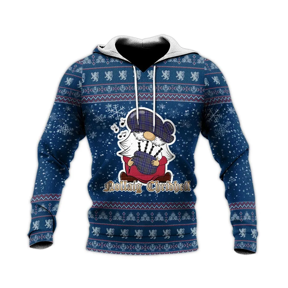 Alexander of Menstry Clan Christmas Knitted Hoodie with Funny Gnome Playing Bagpipes