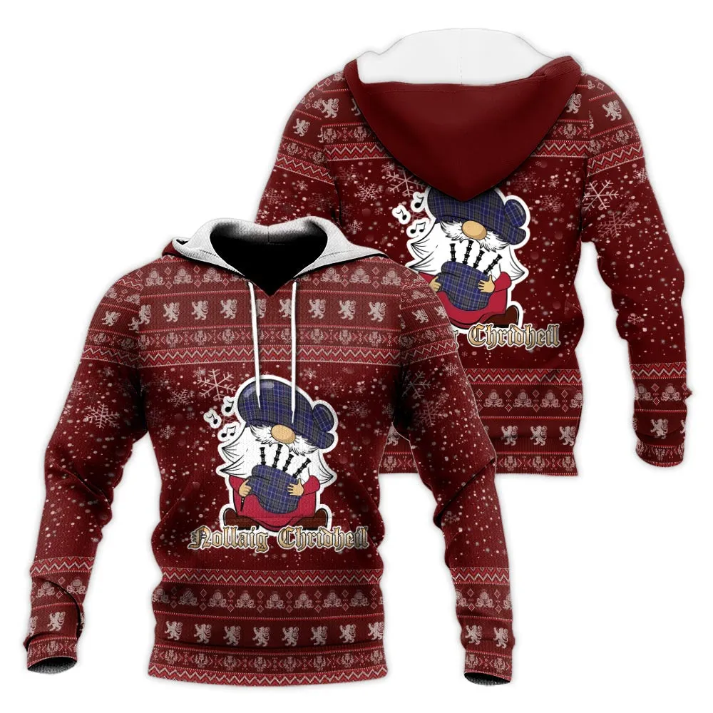 Alexander of Menstry Clan Christmas Knitted Hoodie with Funny Gnome Playing Bagpipes