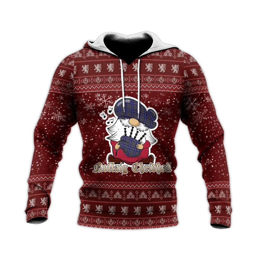 Alexander of Menstry Clan Christmas Knitted Hoodie with Funny Gnome Playing Bagpipes