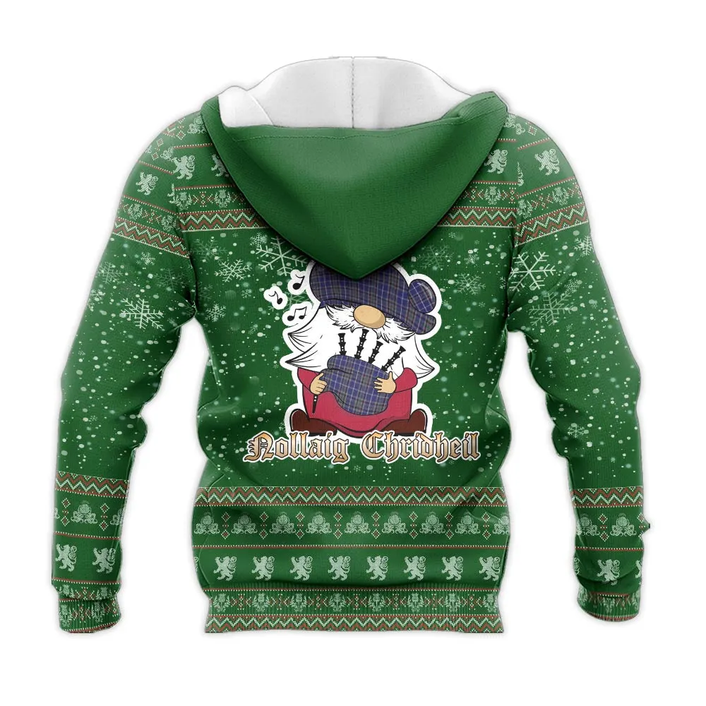 Alexander of Menstry Clan Christmas Knitted Hoodie with Funny Gnome Playing Bagpipes