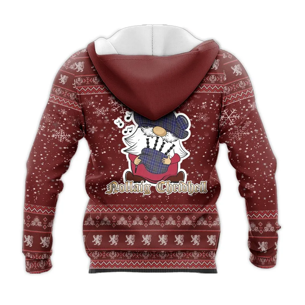 Alexander of Menstry Clan Christmas Knitted Hoodie with Funny Gnome Playing Bagpipes
