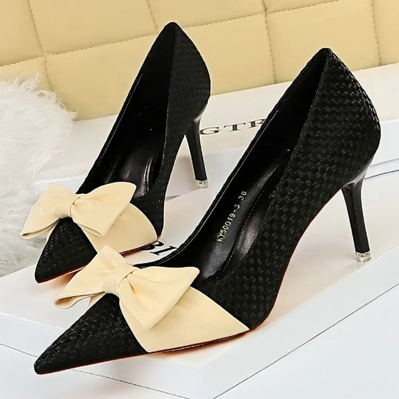 Amozae-2024 Luxury Women Weave 7.5cm Thin High Heels Pumps Butterfly Knot Low Kitten Heels Valentine Cute Blue Wedding Red Bride Shoes