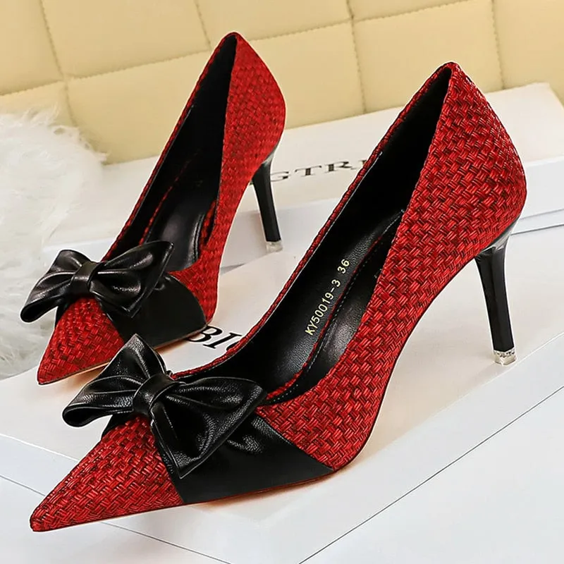 Amozae-2024 Luxury Women Weave 7.5cm Thin High Heels Pumps Butterfly Knot Low Kitten Heels Valentine Cute Blue Wedding Red Bride Shoes