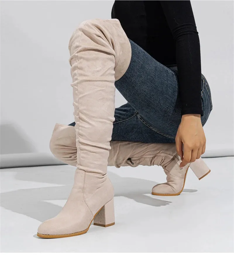 Amozae-Velvet Stretch Over The Knee High Boots Woman 2023 Winter Genuine Leather High Heels Bota Femme Wrinkles Brown Sexy Thigh Boots