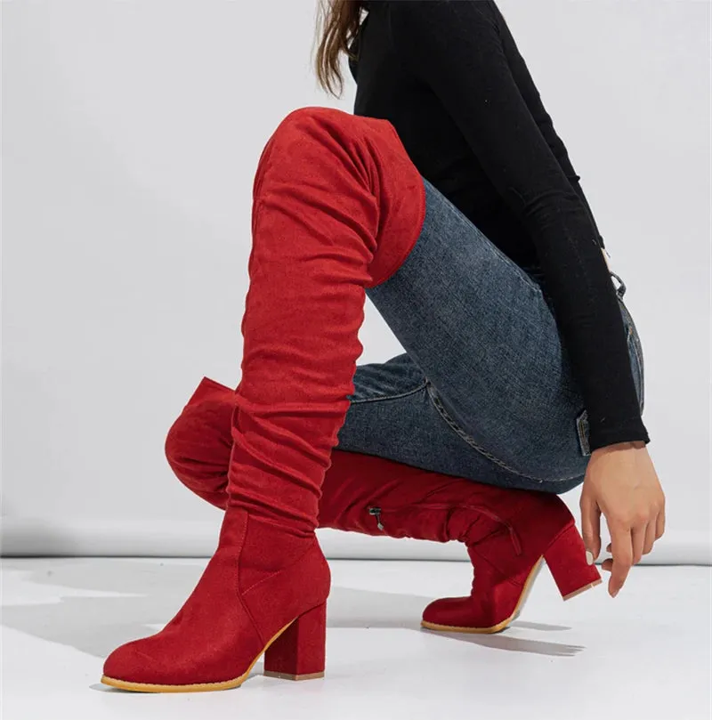 Amozae-Velvet Stretch Over The Knee High Boots Woman 2023 Winter Genuine Leather High Heels Bota Femme Wrinkles Brown Sexy Thigh Boots