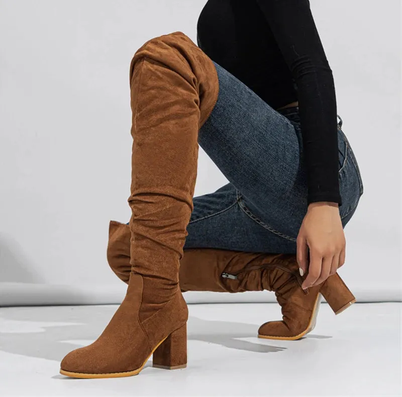 Amozae-Velvet Stretch Over The Knee High Boots Woman 2023 Winter Genuine Leather High Heels Bota Femme Wrinkles Brown Sexy Thigh Boots