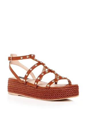 AQUA Womens Brown 1-1/2" Platform Strappy Adjustable Studded Ankle Strap Kimm Round Toe Wedge Buckle Leather Gladiator Sandals Shoes M