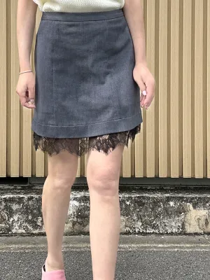 Black Denim A-line Side Pockets Lace Trim Short Skirt