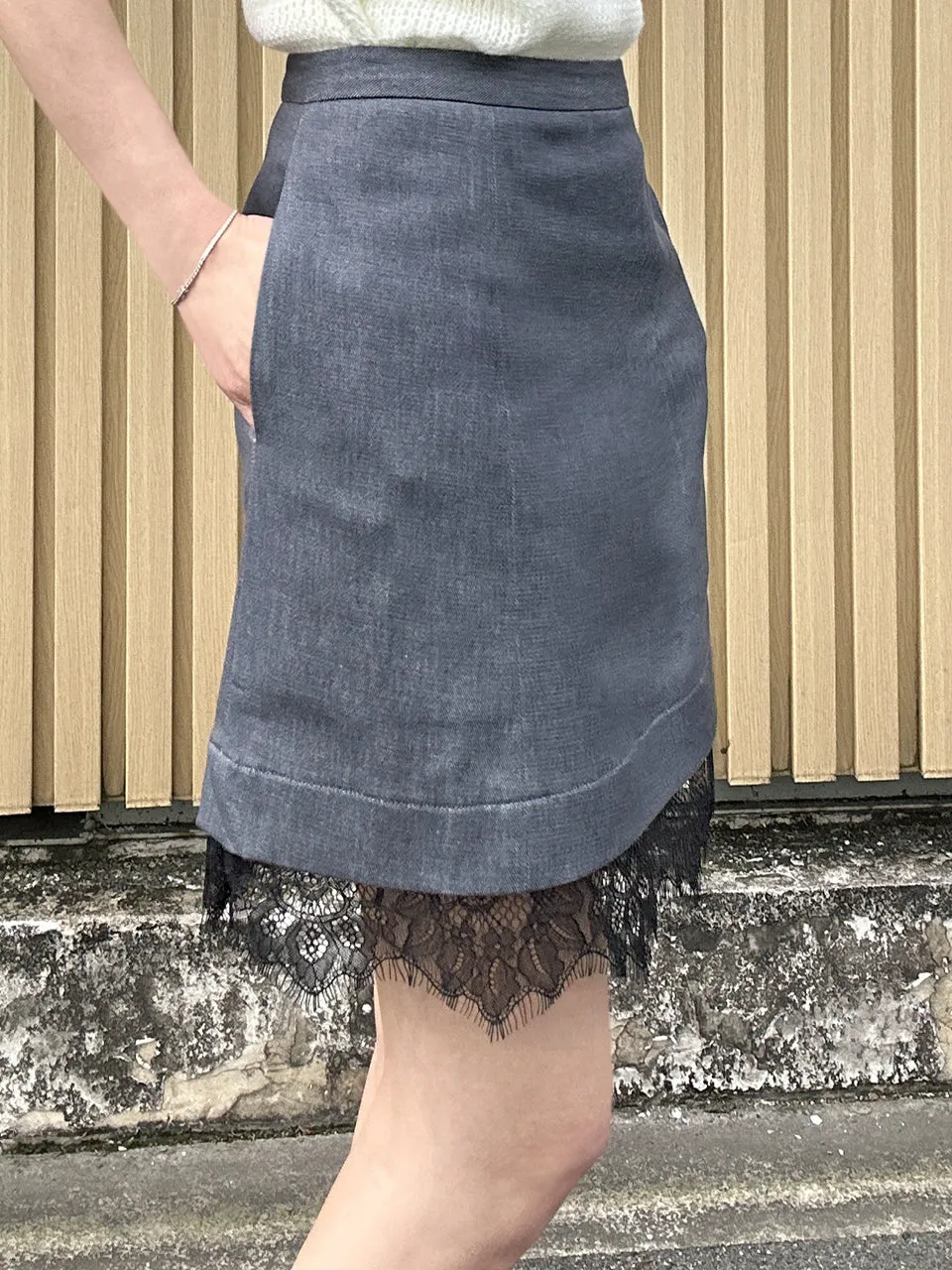 Black Denim A-line Side Pockets Lace Trim Short Skirt