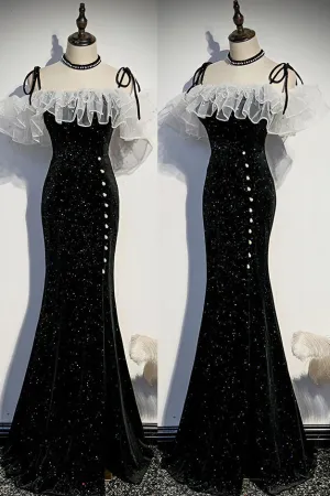 Black Mermaid Velvet Long Prom Dress, Sparkle Straps Evening Dress with Pearls UQP0233