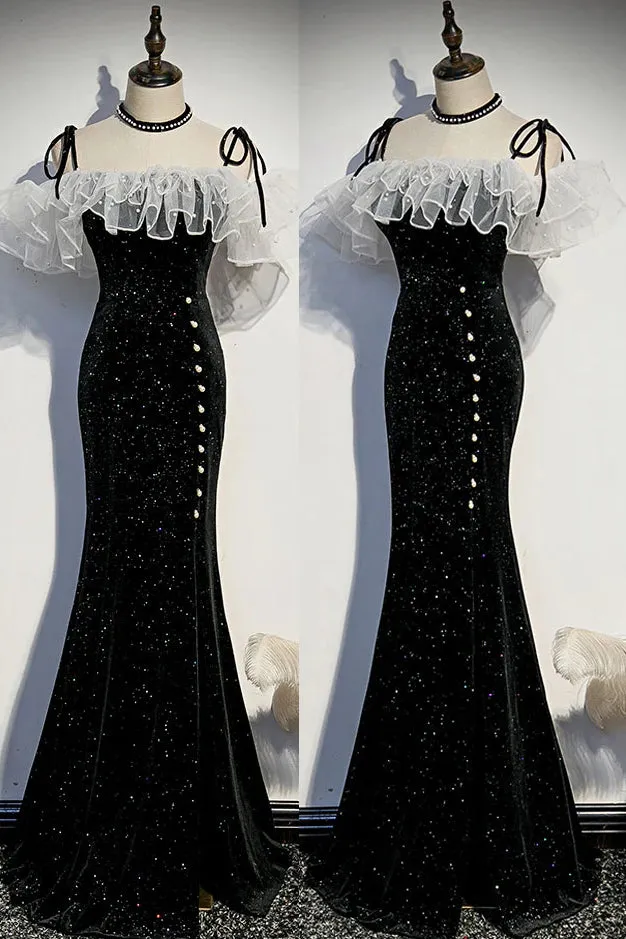 Black Mermaid Velvet Long Prom Dress, Sparkle Straps Evening Dress with Pearls UQP0233