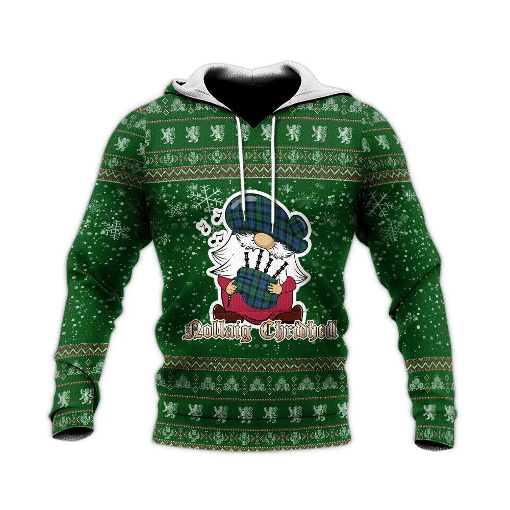 Black Watch Ancient Clan Christmas Knitted Hoodie with Funny Gnome Playing Bagpipes