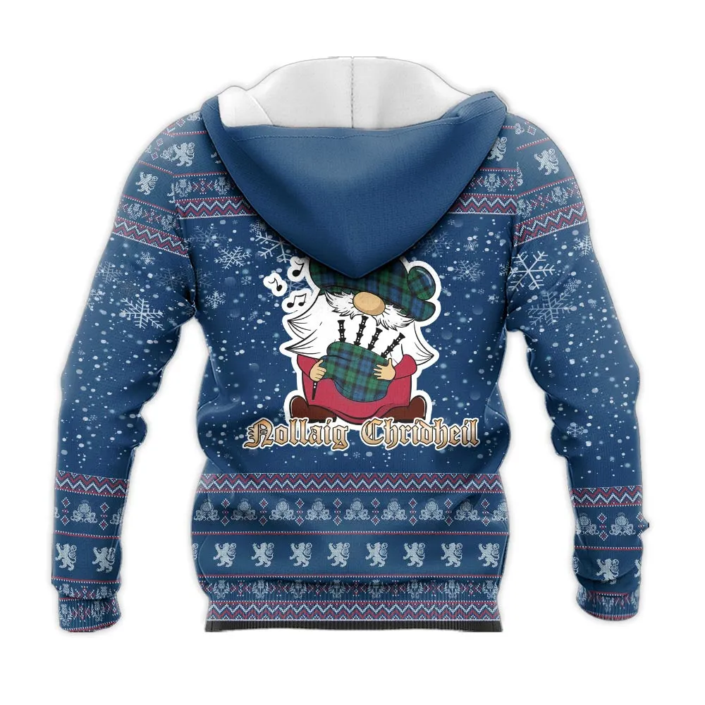 Black Watch Ancient Clan Christmas Knitted Hoodie with Funny Gnome Playing Bagpipes
