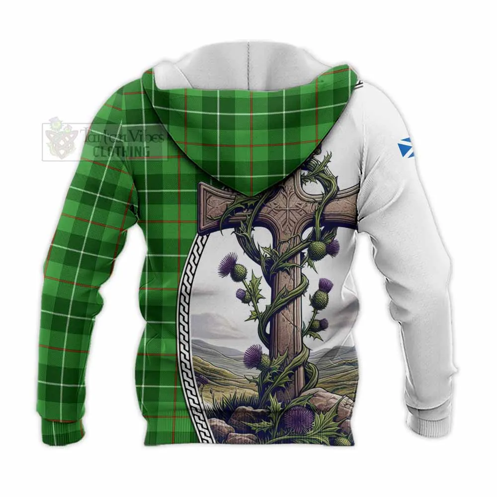 Boyle Tartan Knitted Hoodie with Family Crest and St. Andrew's Cross Accented by Thistle Vines
