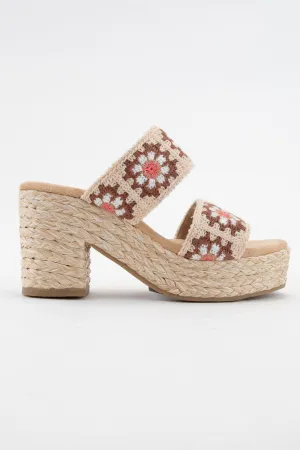 Brown Shirin Flower Crochet Double Strap Platform Heel