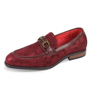 Burgundy Paisley Men's Suede Dress Shoes Fashion Design Slip-On Style No-7010