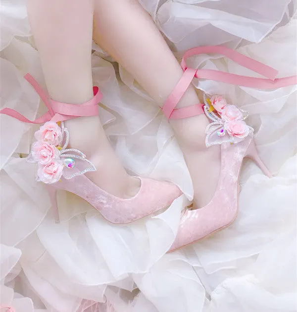 Butterfly Flower Velvet High Heel Wedding Shoes AD11430