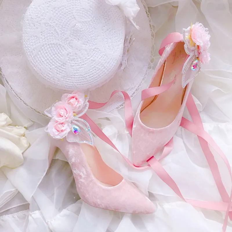 Butterfly Flower Velvet High Heel Wedding Shoes AD11430