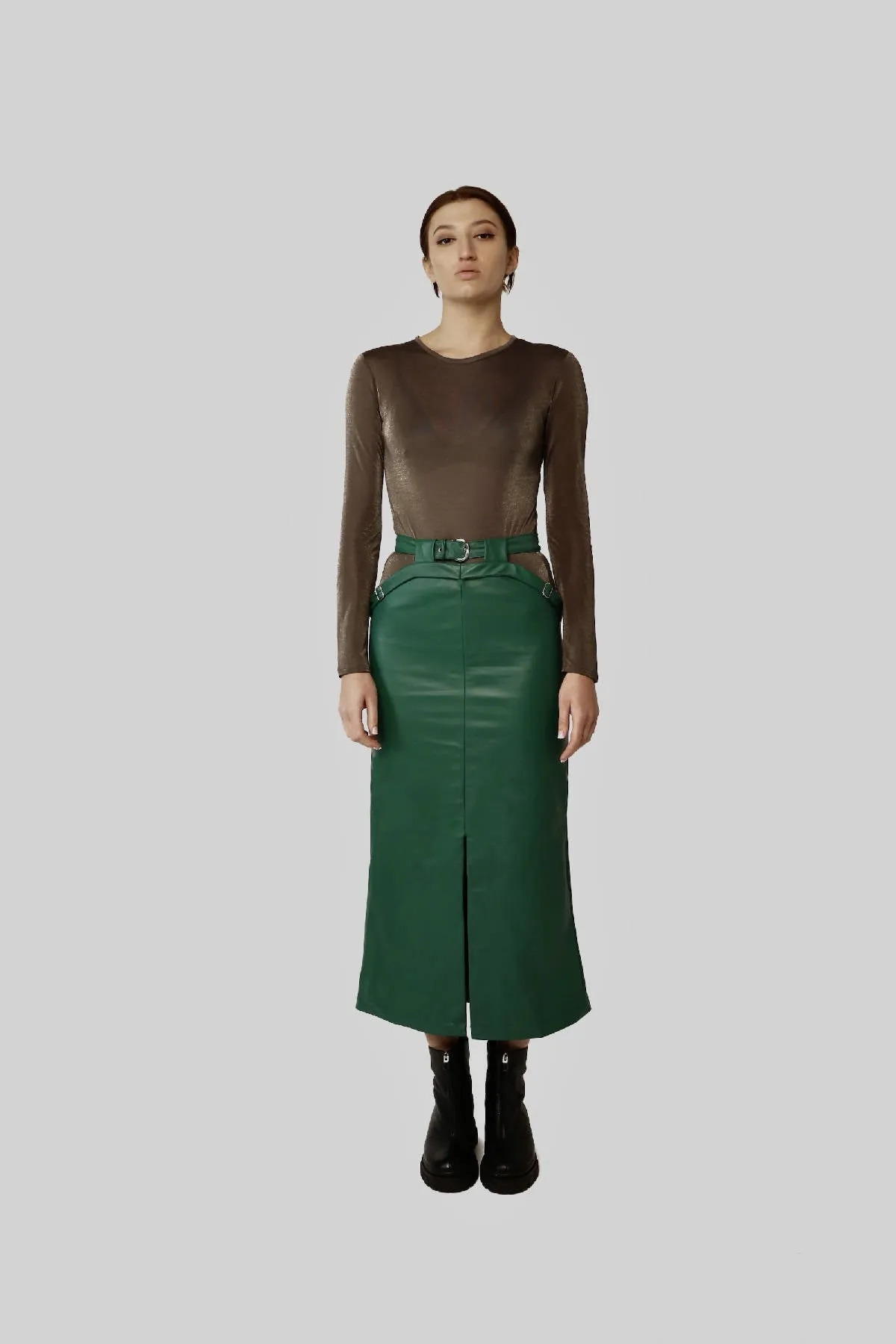 Casual Midi Leather Skirt in Light Moss Green