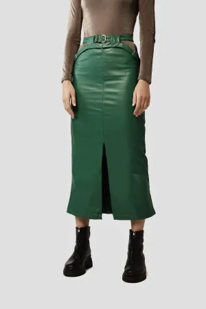 Casual Midi Leather Skirt in Light Moss Green