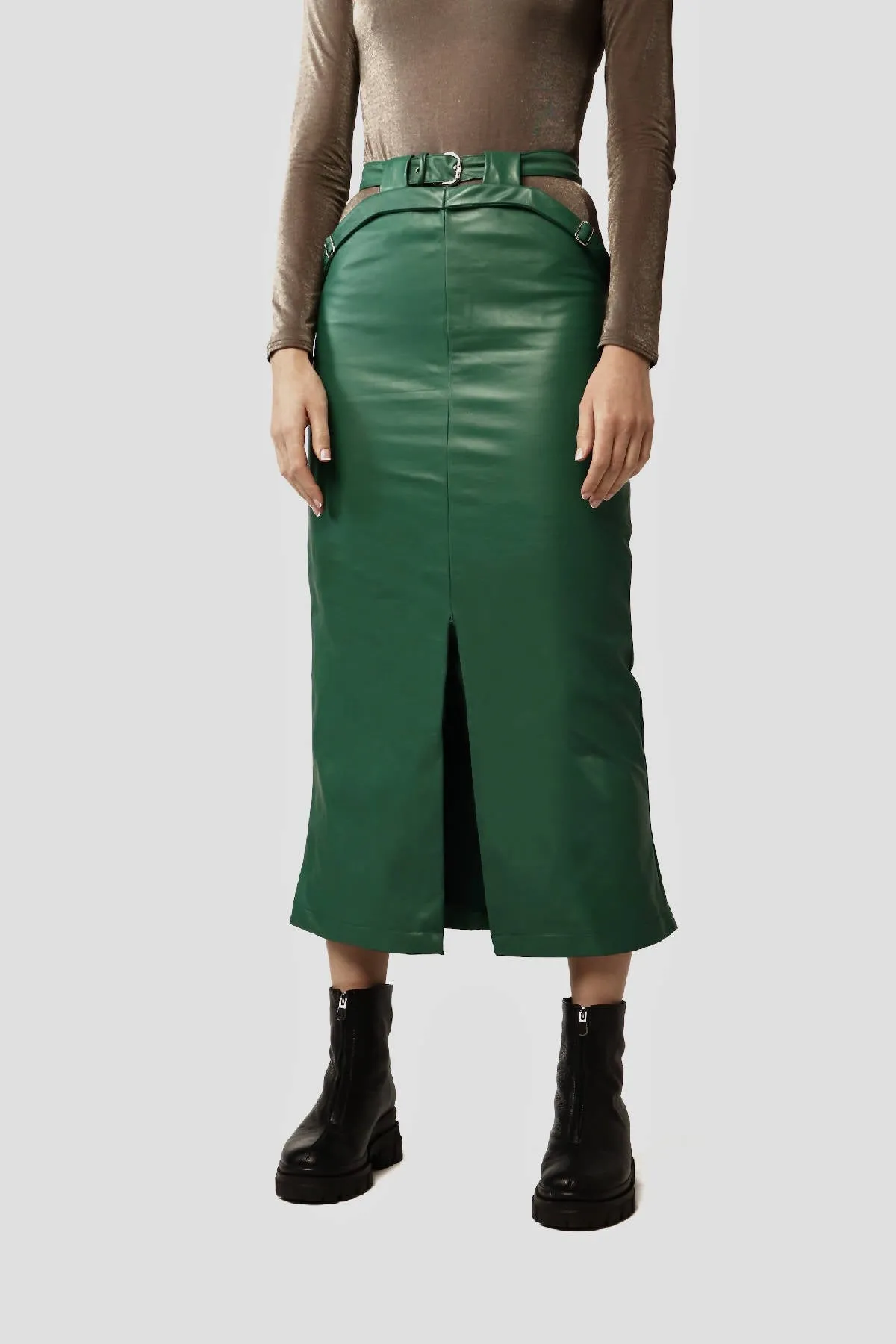 Casual Midi Leather Skirt in Light Moss Green