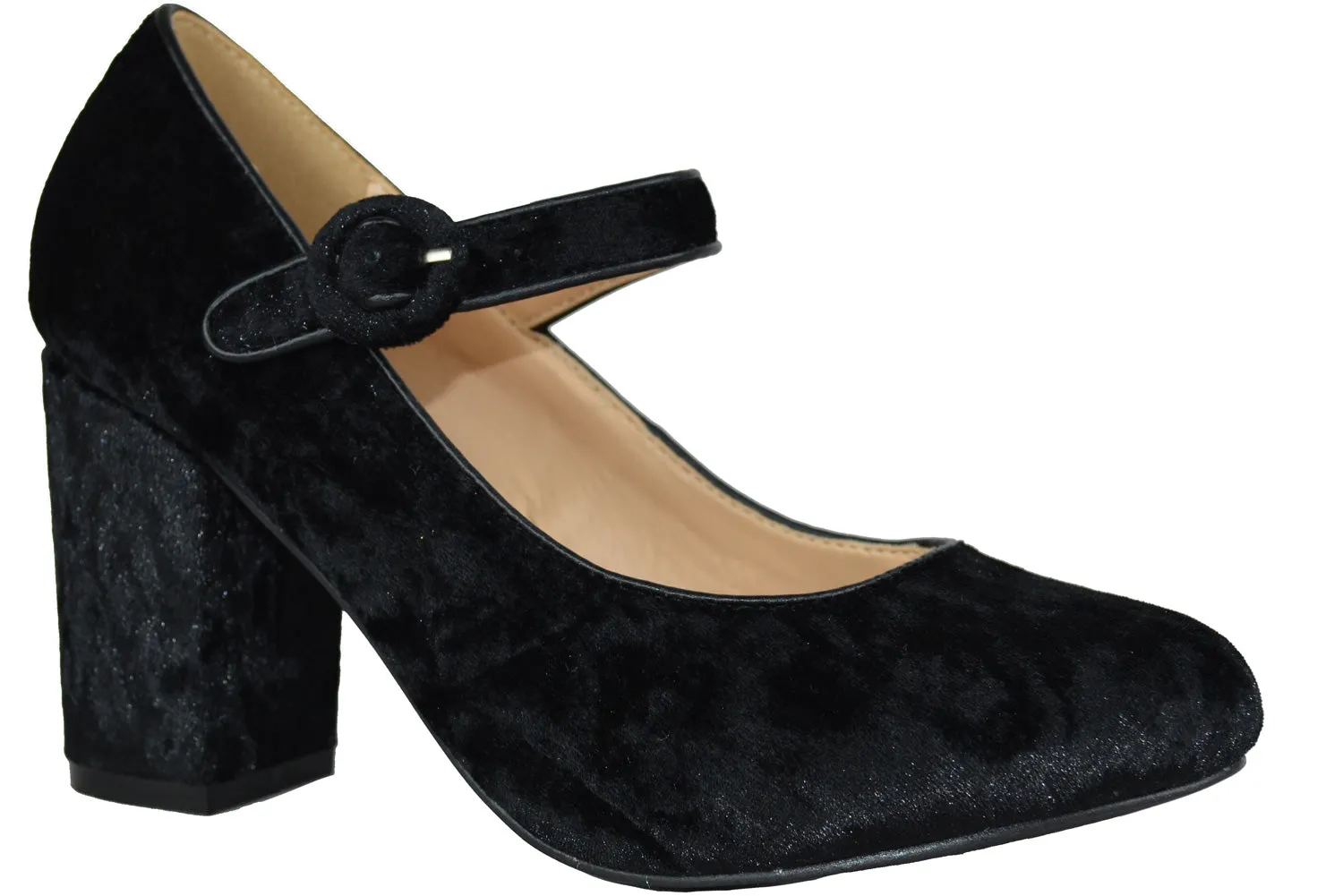 Chase & Chloe Women's Velvet Stacked Chunky Heel Mary Jane Pump