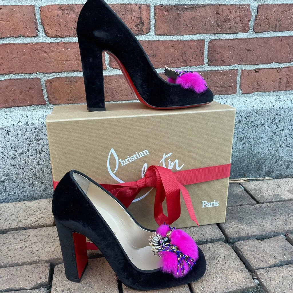 Christian Louboutin Velvet Fur Crystal Mayamoc Pump - Size 38