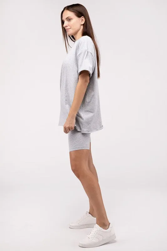Comfiest Cotton Round Neck Top & Biker Shorts Set