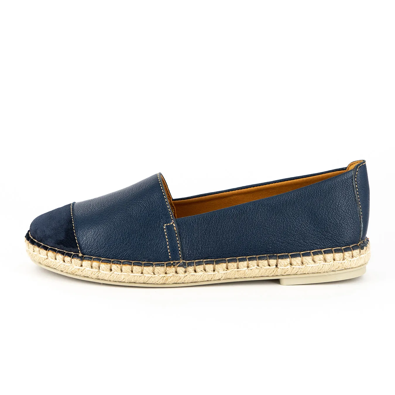Consisela : Ladies Leather Espadrille Shoe in Denim Cayak & Navy Velour