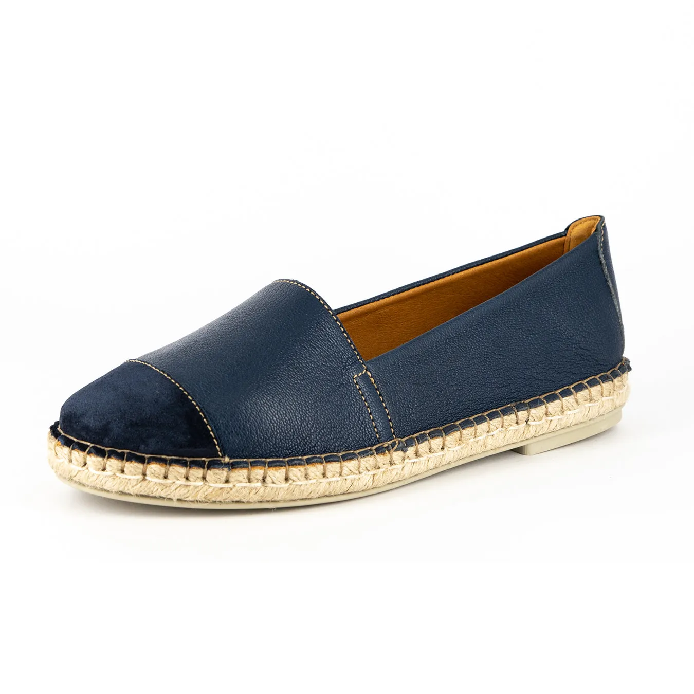 Consisela : Ladies Leather Espadrille Shoe in Denim Cayak & Navy Velour