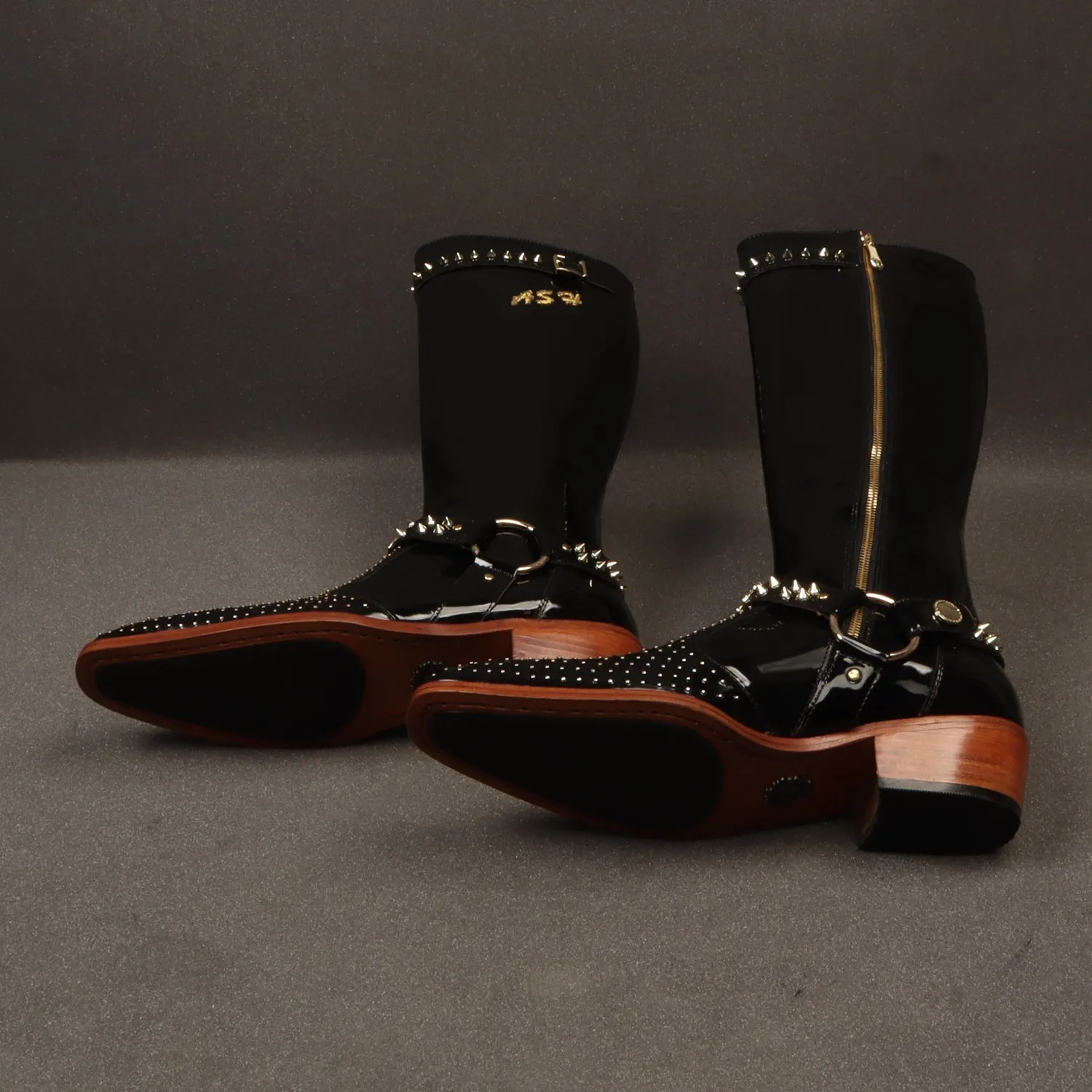 Customized Zardosi Initial Knee Hight Cuban Heel Metal Fleck Studded Buckle Black Patent Leather Zipper Boots By Brune & Bareskin