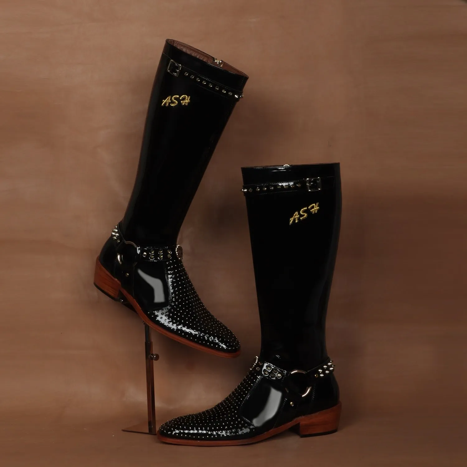 Customized Zardosi Initial Knee Hight Cuban Heel Metal Fleck Studded Buckle Black Patent Leather Zipper Boots By Brune & Bareskin