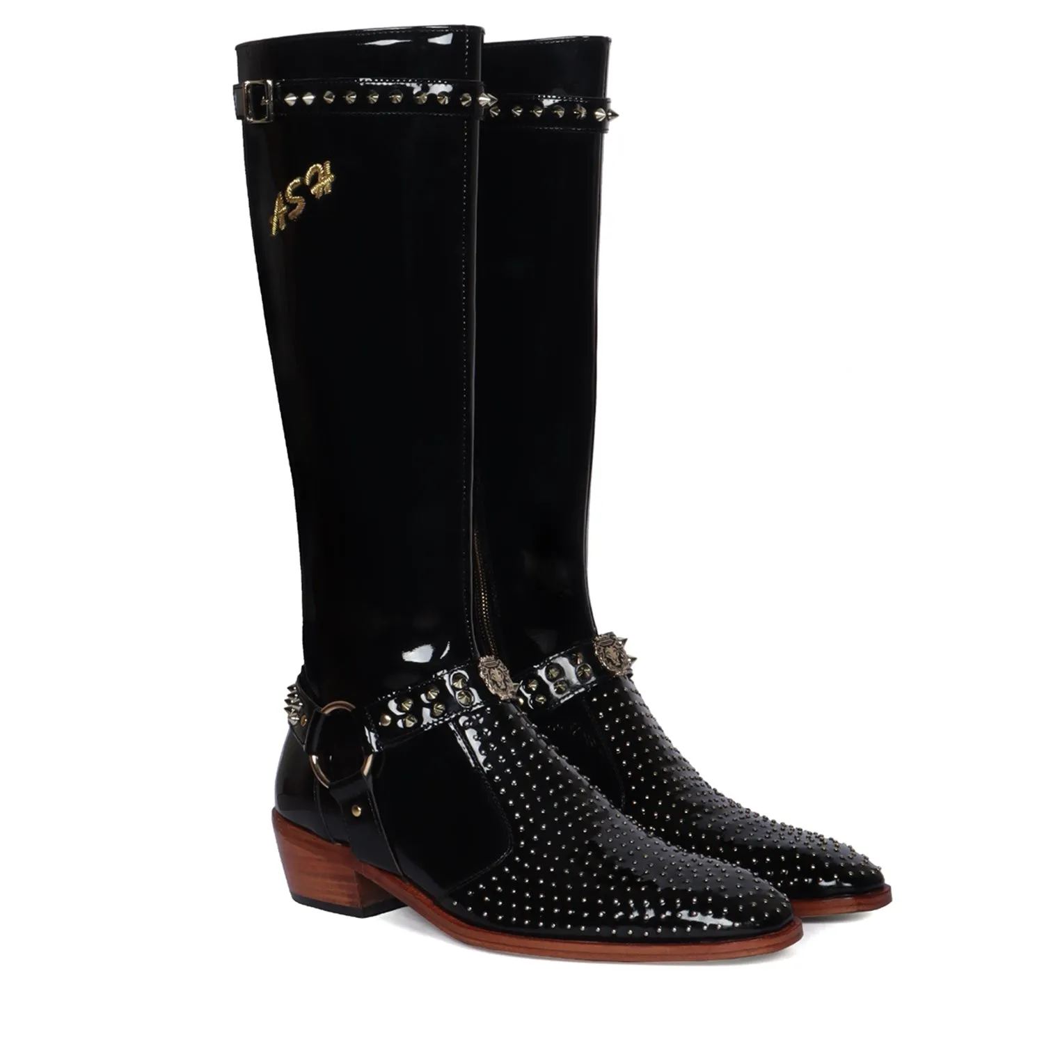 Customized Zardosi Initial Knee Hight Cuban Heel Metal Fleck Studded Buckle Black Patent Leather Zipper Boots By Brune & Bareskin