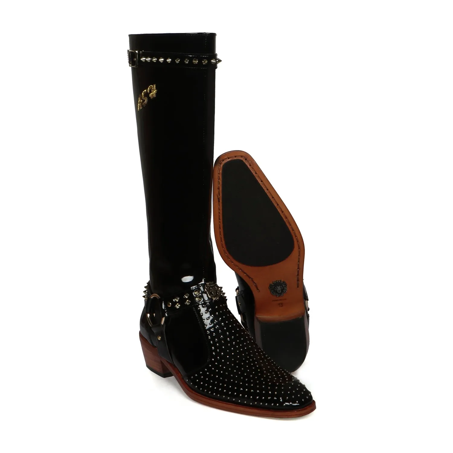 Customized Zardosi Initial Knee Hight Cuban Heel Metal Fleck Studded Buckle Black Patent Leather Zipper Boots By Brune & Bareskin