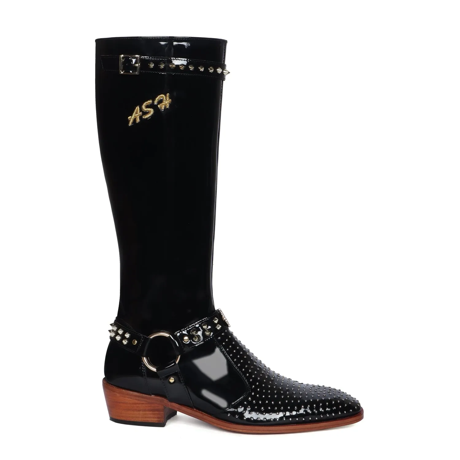 Customized Zardosi Initial Knee Hight Cuban Heel Metal Fleck Studded Buckle Black Patent Leather Zipper Boots By Brune & Bareskin