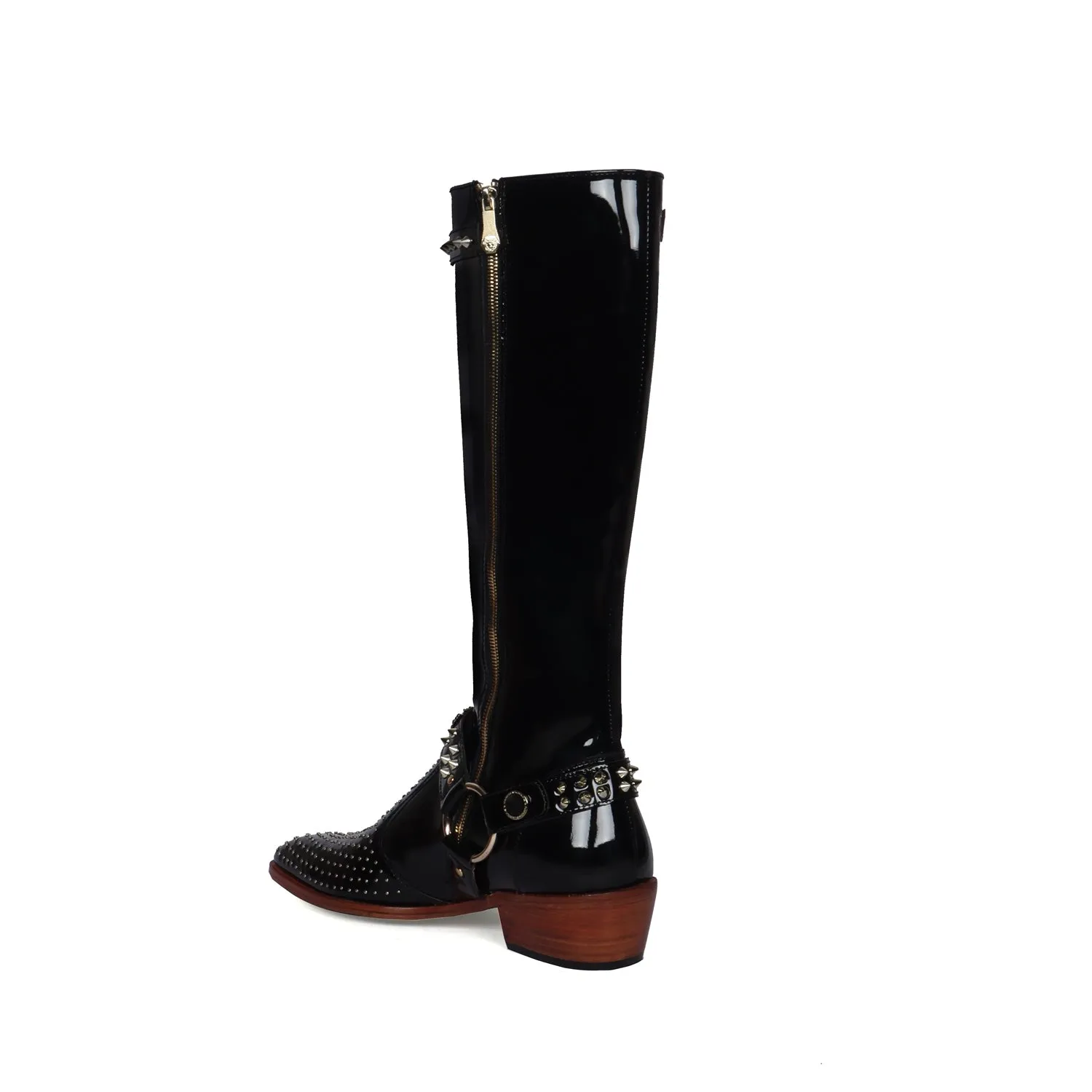 Customized Zardosi Initial Knee Hight Cuban Heel Metal Fleck Studded Buckle Black Patent Leather Zipper Boots By Brune & Bareskin