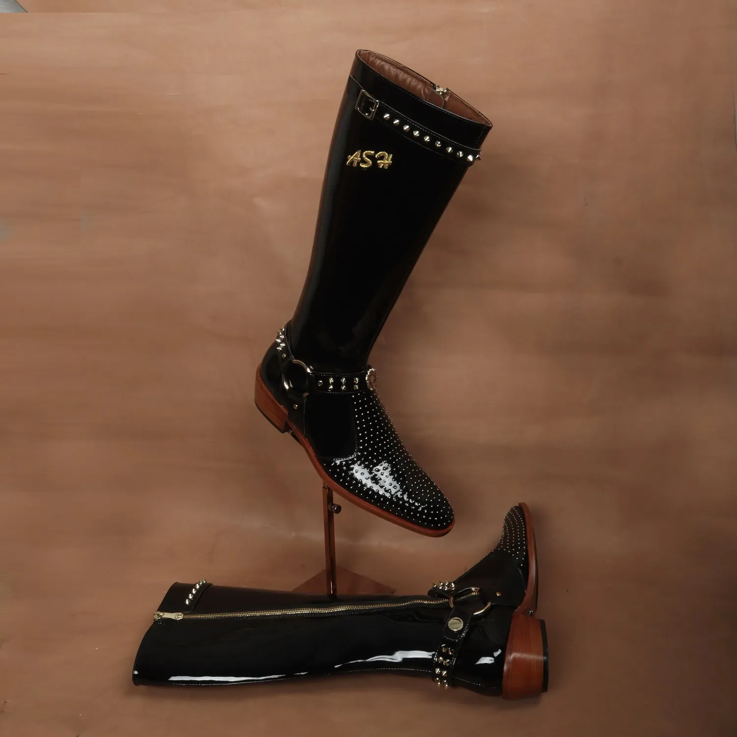 Customized Zardosi Initial Knee Hight Cuban Heel Metal Fleck Studded Buckle Black Patent Leather Zipper Boots By Brune & Bareskin