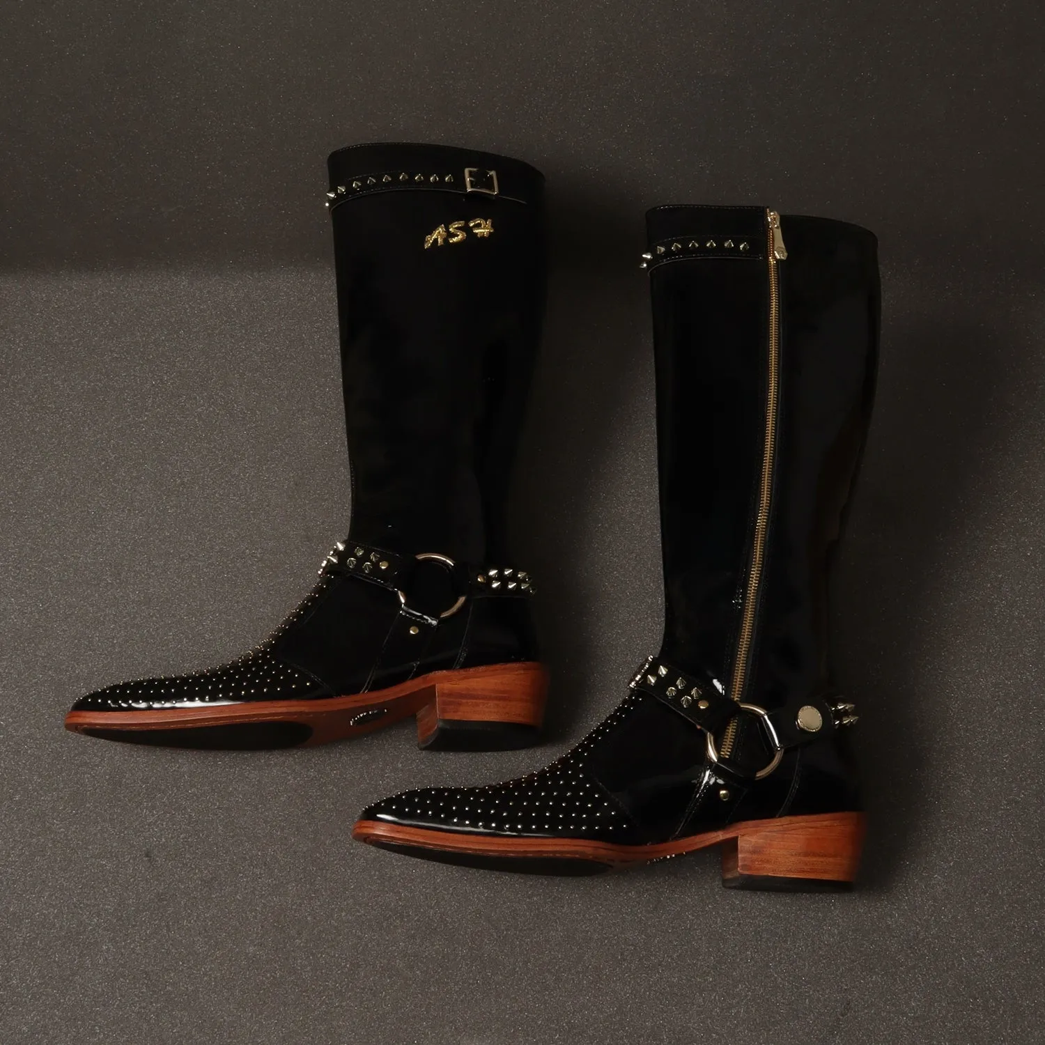 Customized Zardosi Initial Knee Hight Cuban Heel Metal Fleck Studded Buckle Black Patent Leather Zipper Boots By Brune & Bareskin
