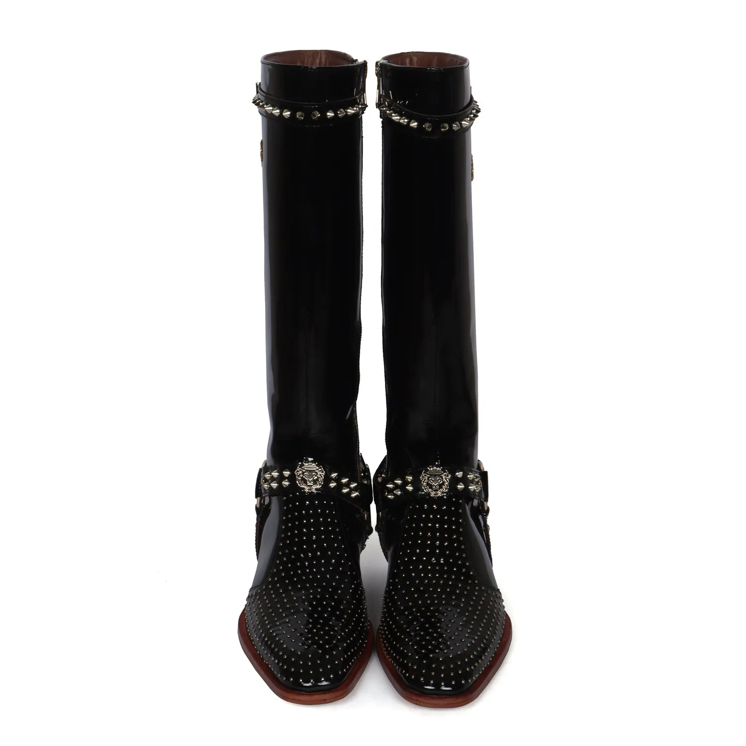 Customized Zardosi Initial Knee Hight Cuban Heel Metal Fleck Studded Buckle Black Patent Leather Zipper Boots By Brune & Bareskin