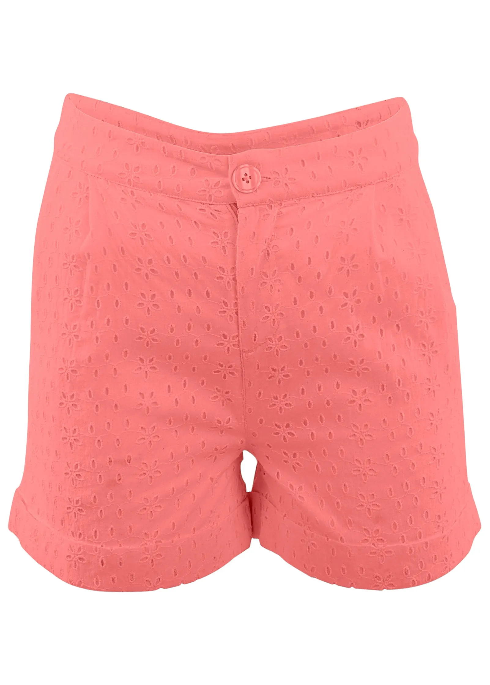 Eyelet Cuffed Button Shorts - Coral