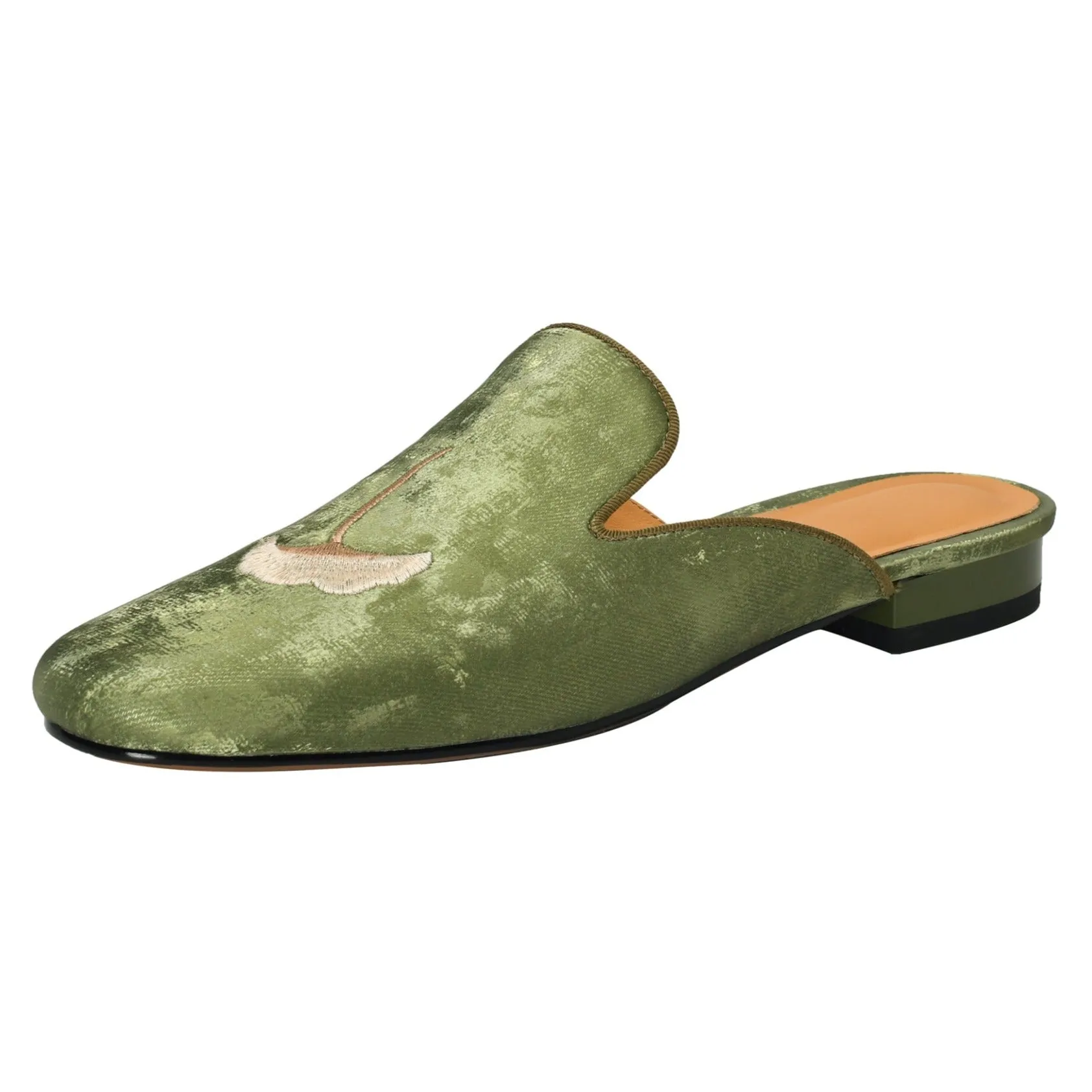 Flat Shoes Green With Hand Embroidered Leaf Velvet Mules