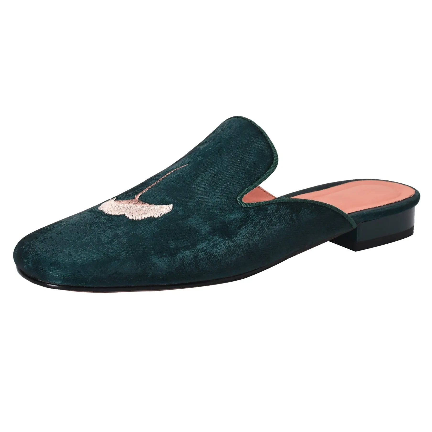 Flat Shoes Green With Hand Embroidered Leaf Velvet Mules