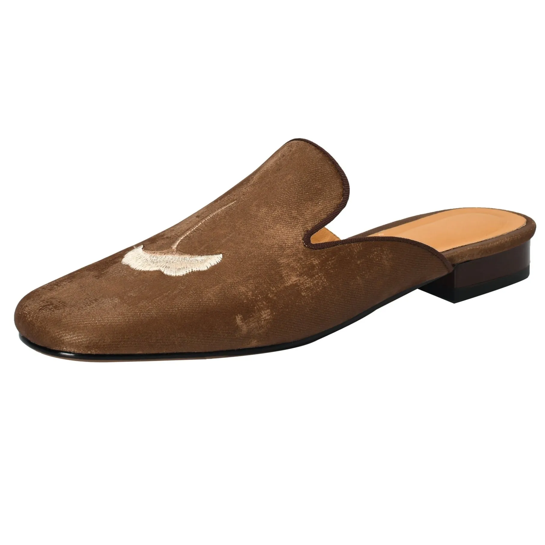 Flat Shoes Green With Hand Embroidered Leaf Velvet Mules