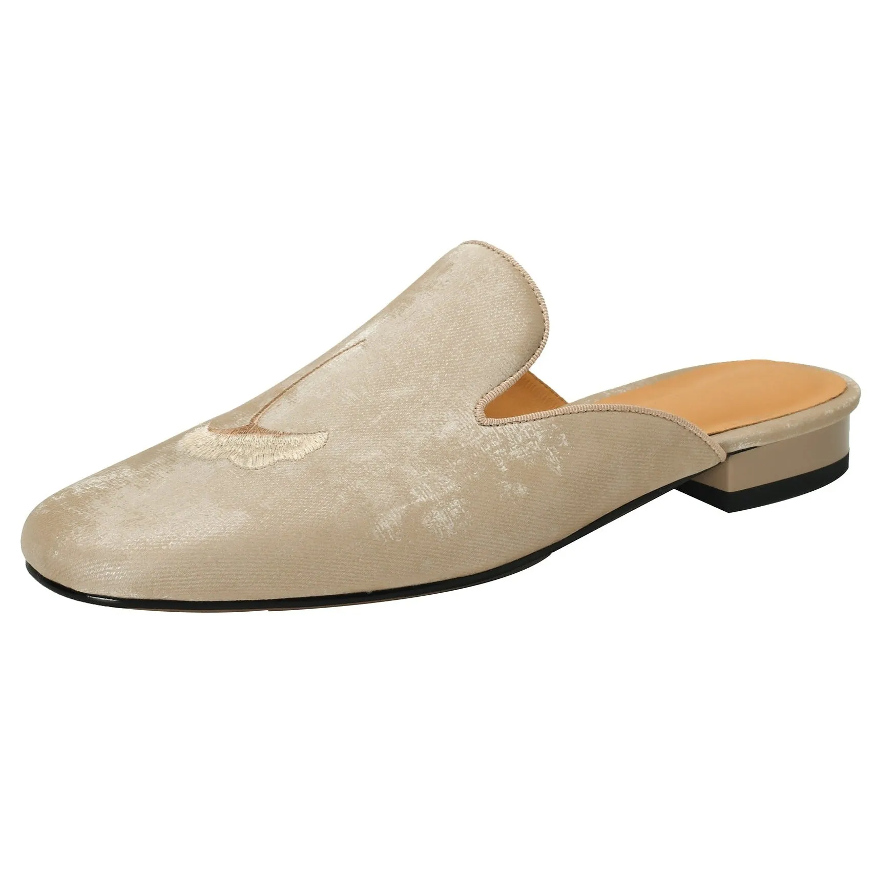 Flat Shoes Green With Hand Embroidered Leaf Velvet Mules
